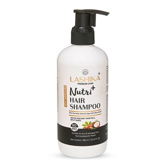 Front view of Nutri Hair Shampoo bottle showcasing its nourishing formula to cleanse, strengthen, and revive dry, weak hair.