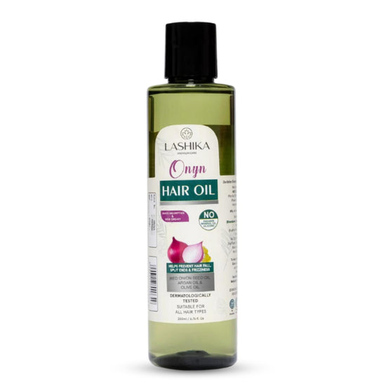 Front view of Onyn Hair Oil bottle showcasing its nourishing blend for reducing hair fall, promoting growth, and boosting shine.