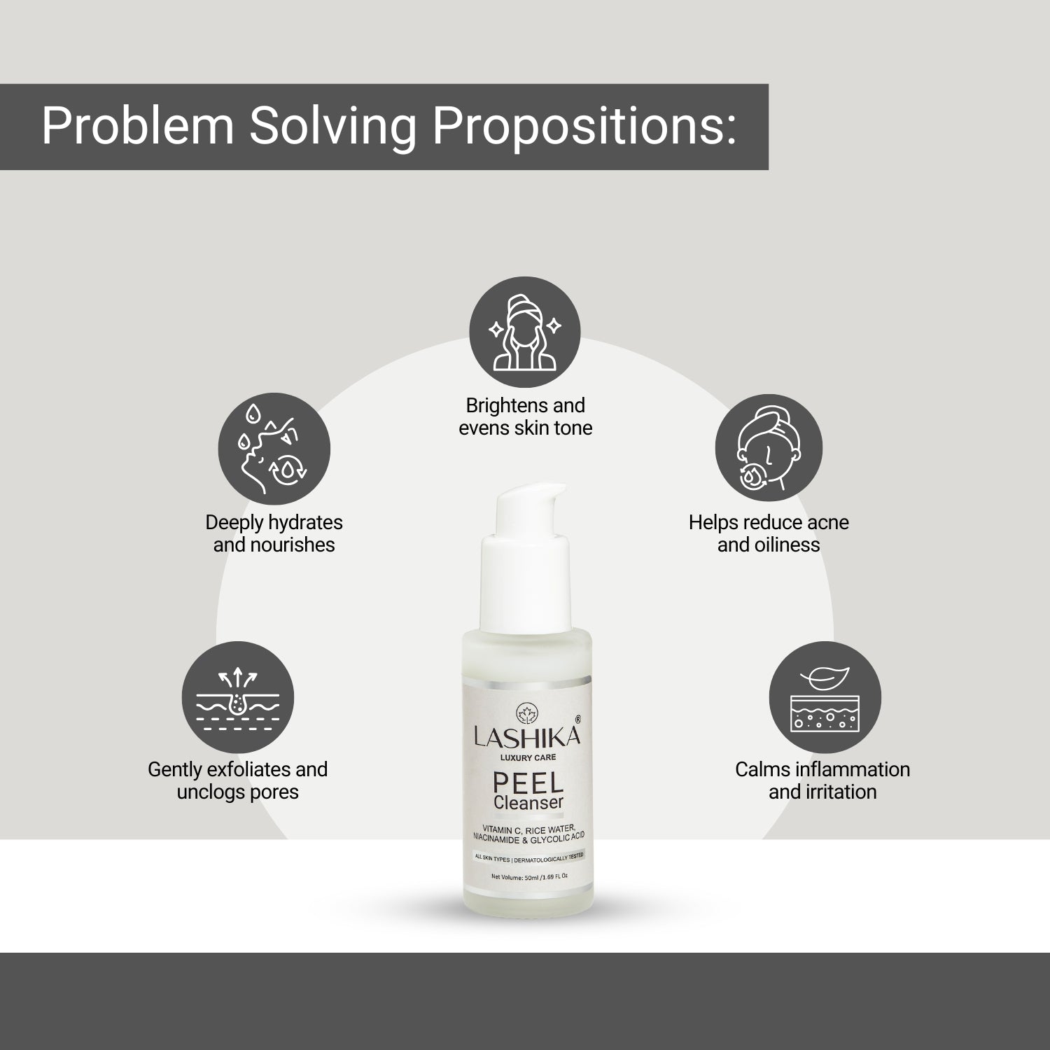 Lashika Peel Cleanser brightens skin, reduces acne, unclogs pores, and deeply hydrates for a radiant glow.