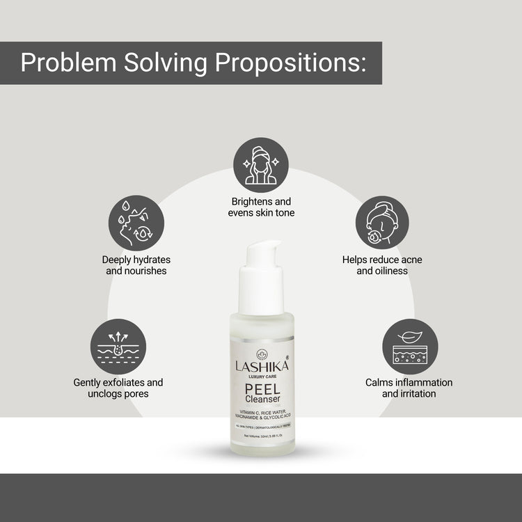 Lashika Peel Cleanser brightens skin, reduces acne, unclogs pores, and deeply hydrates for a radiant glow.