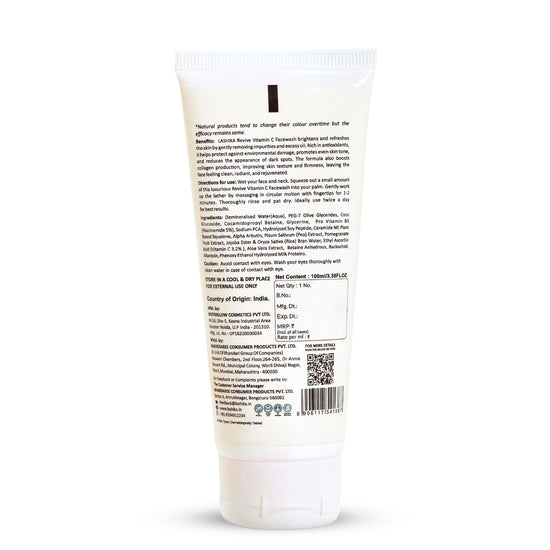 Back view of Revive Vitamin C Facewash showing ingredients, usage instructions, and product benefits.