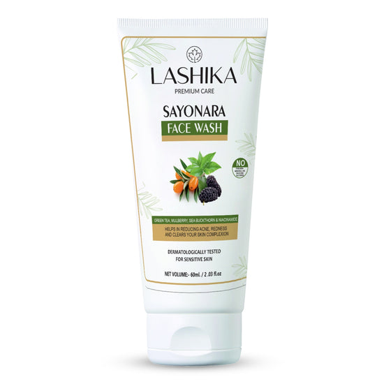 Front view of Sayonara Facewash highlighting its gentle, foaming formula for clear, refreshed, and balanced skin.