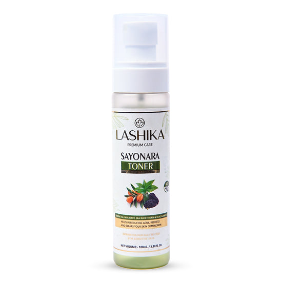 Front view of Sayonara Toner bottle showcasing its refreshing, pore-tightening, and hydrating formula for daily skincare.