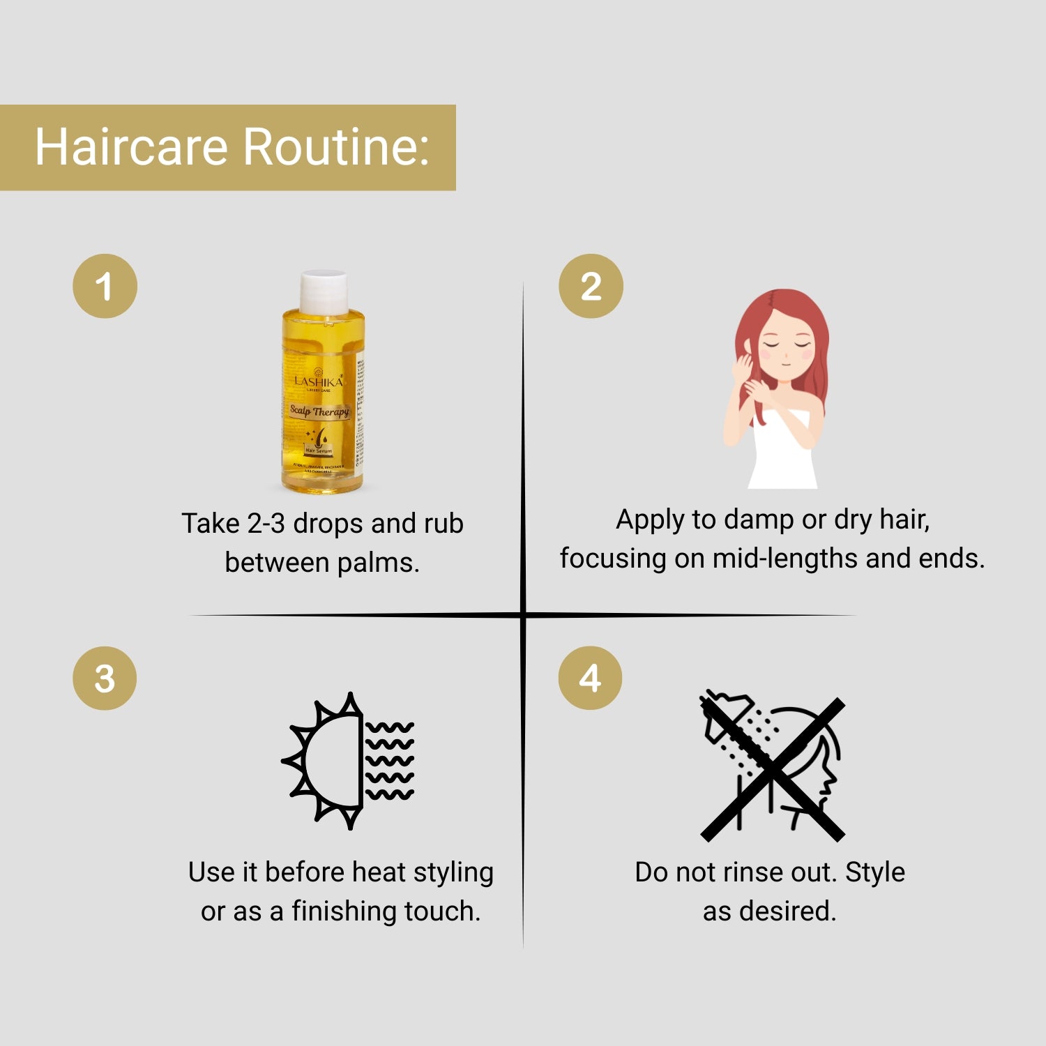 Lashika Hair Serum for daily use—smoothens, protects from heat, and adds shine without rinsing.