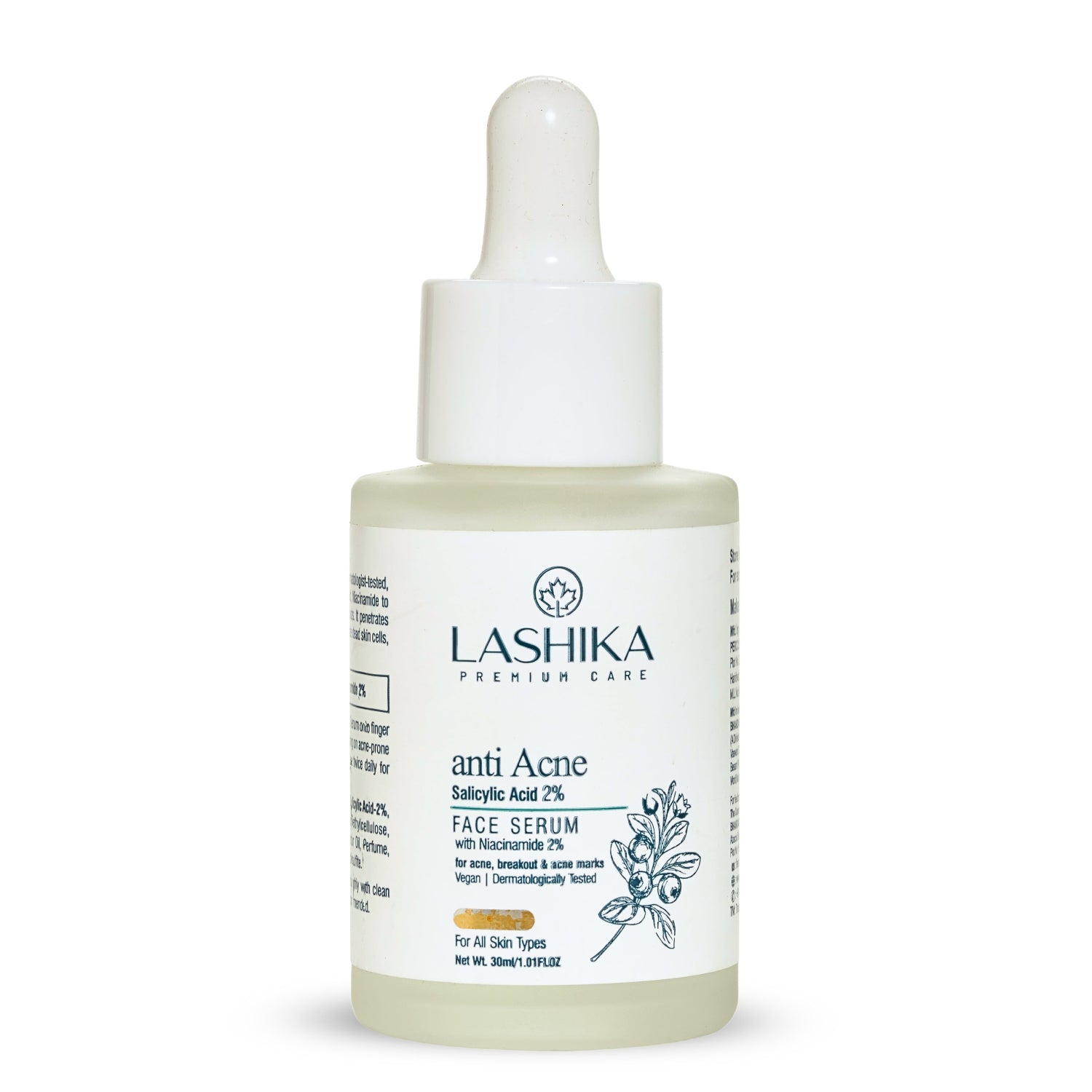 Lashika anti-acne face serum bottle on a white background