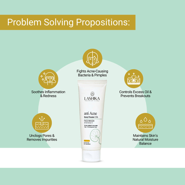 Lashika anti-acne face wash with problem-solving propositions on a light green background