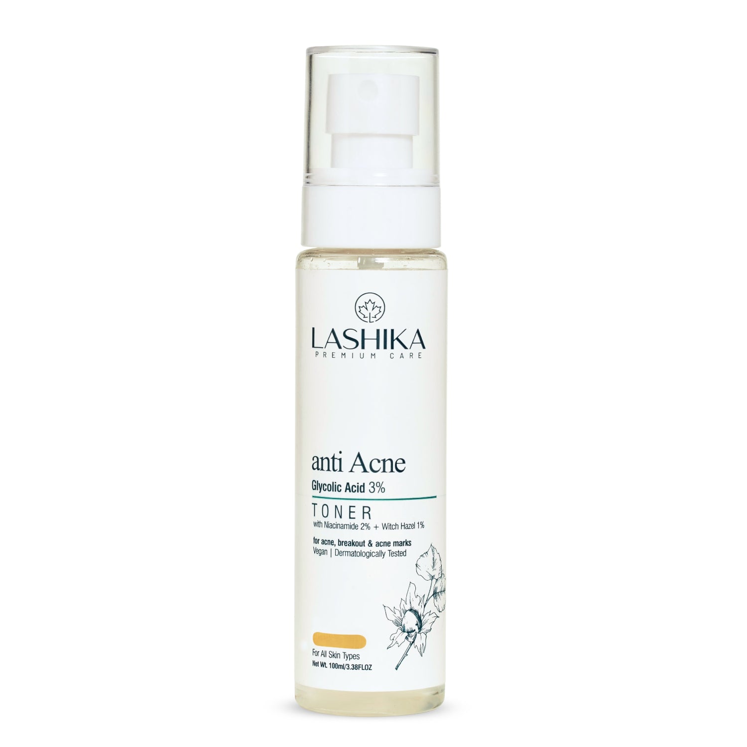 Lashika anti-acne toner bottle on a white background