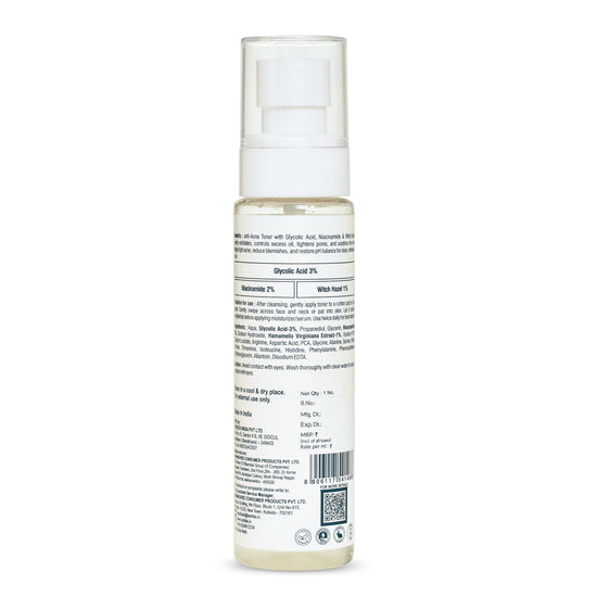 Anti acne face toner bottle with label on a white background