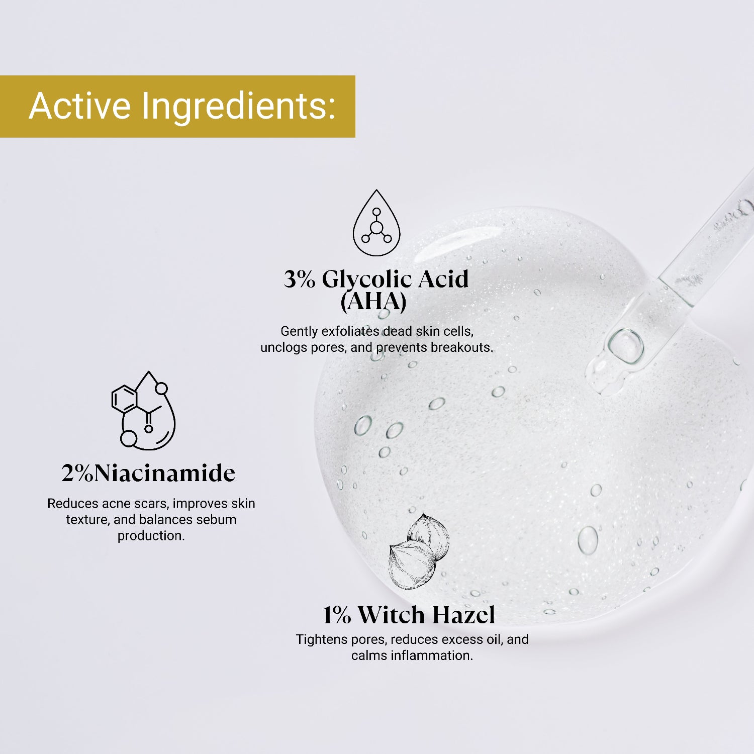 Active ingredients of anti acne face toner product with glycolic acid, niacinamide, and witch hazel on a white background.