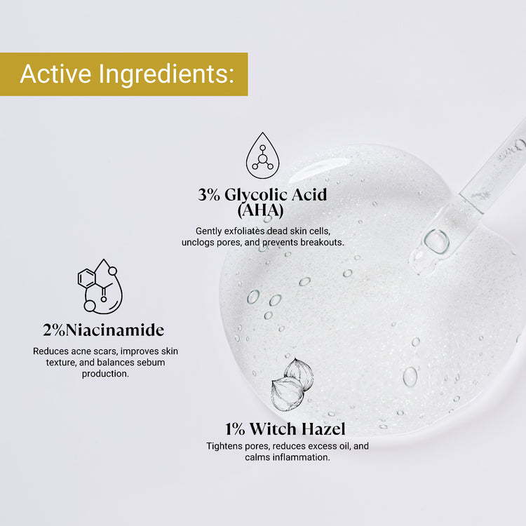 Active ingredients of anti acne face toner product with glycolic acid, niacinamide, and witch hazel on a white background.