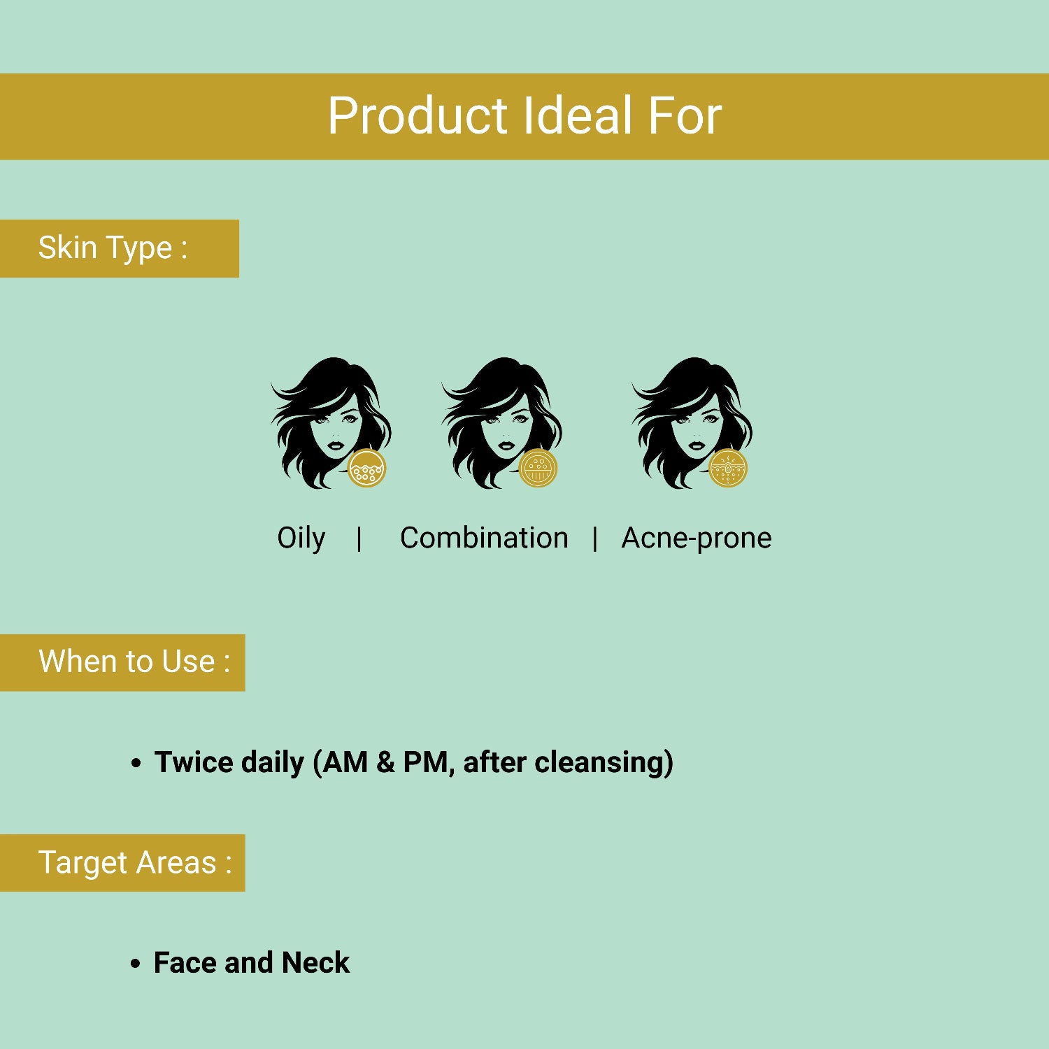 anti cane face toner ideal for skin types with icons and text on a light green background