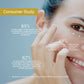Woman applying Lashika anti-acne day gel with consumer study statistics on a blue background
