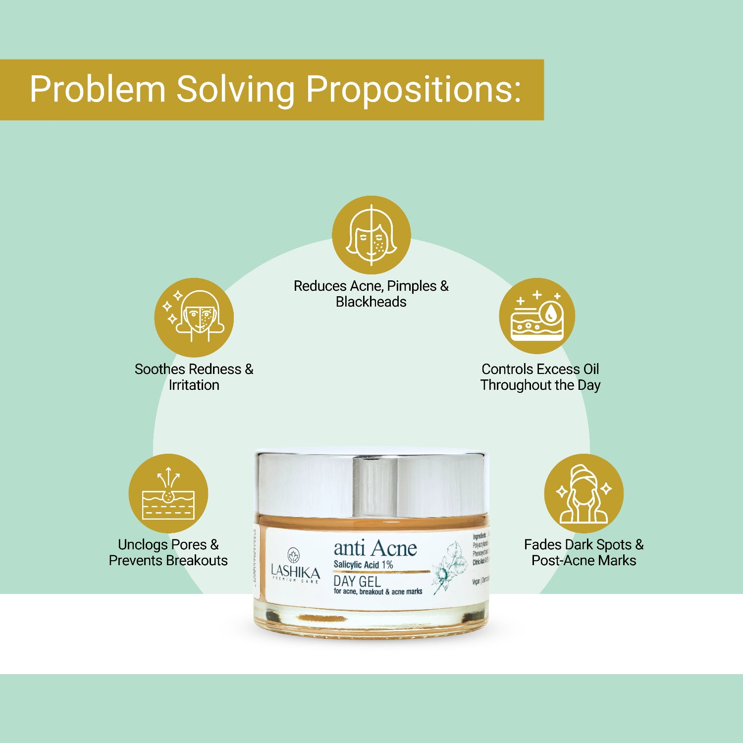Lashika anti-acne day gel with problem-solving propositions on a light green background
