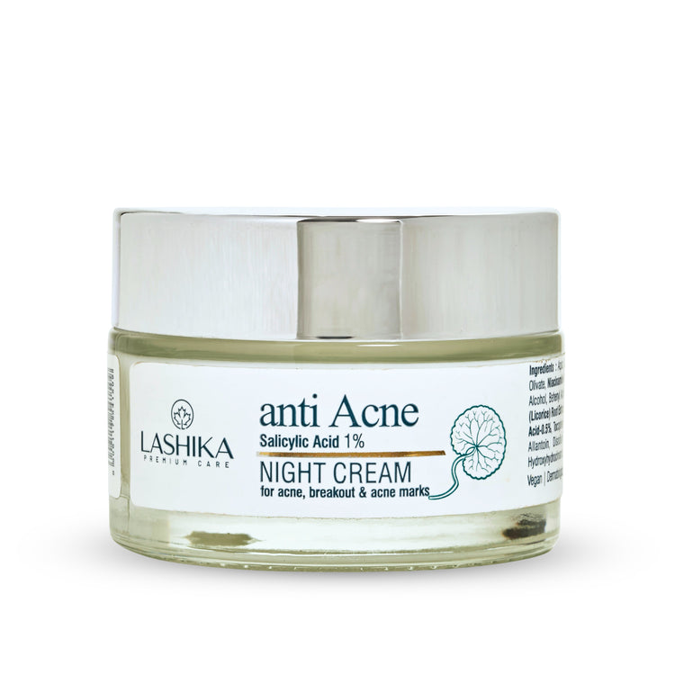 Jar of Lashika anti-acne night cream on a white background