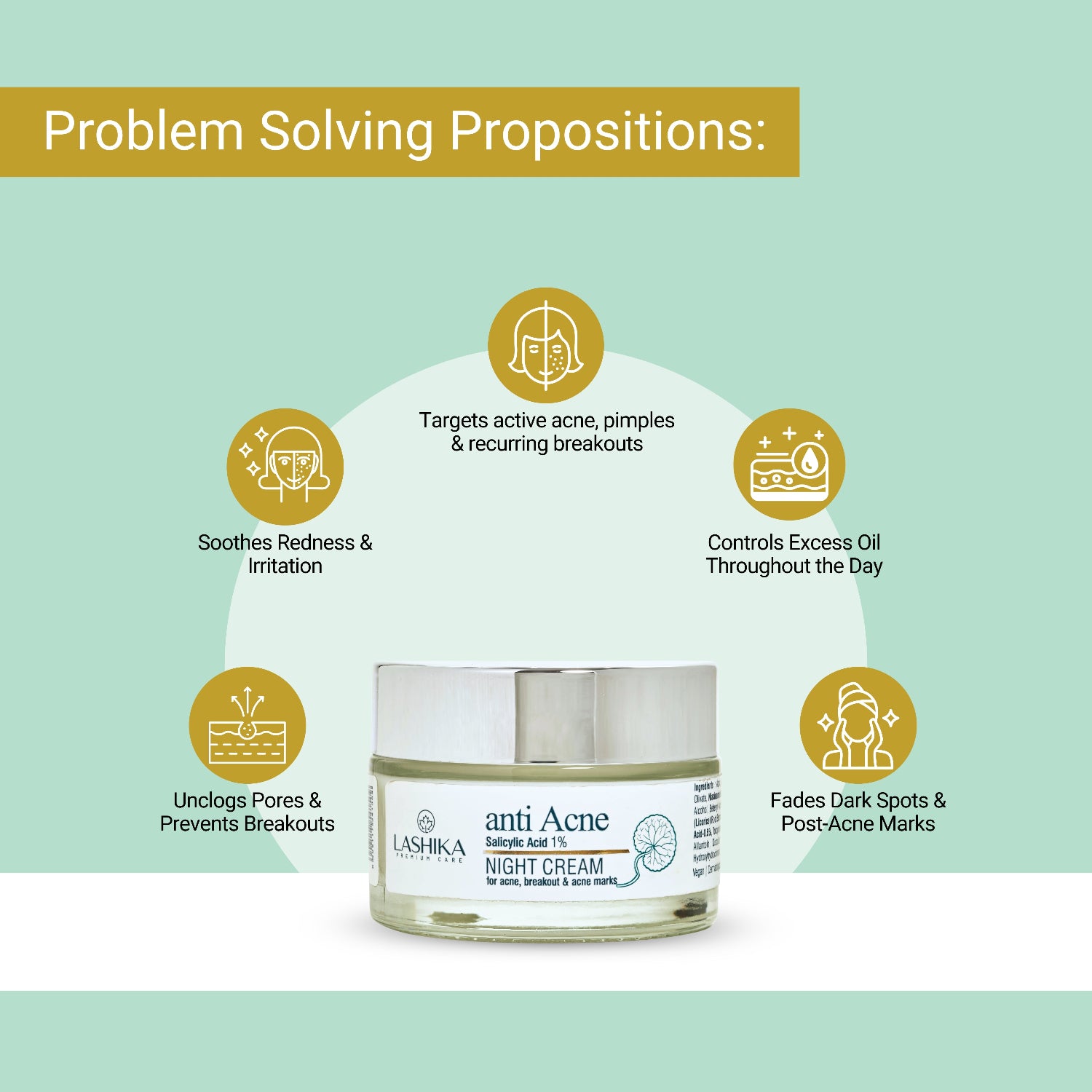 Lashika anti-acne night cream with problem-solving propositions on a light green background